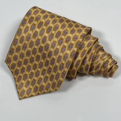 Ermenegildo Zegna Tie Mens 100% Silk Gold Purple Floral Geometric Made Italy - Thumbnail 2