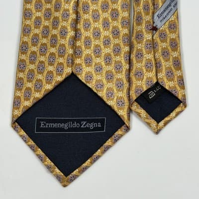 Ermenegildo Zegna Tie Mens 100% Silk Gold Purple Floral Geometric Made Italy - Thumbnail 5