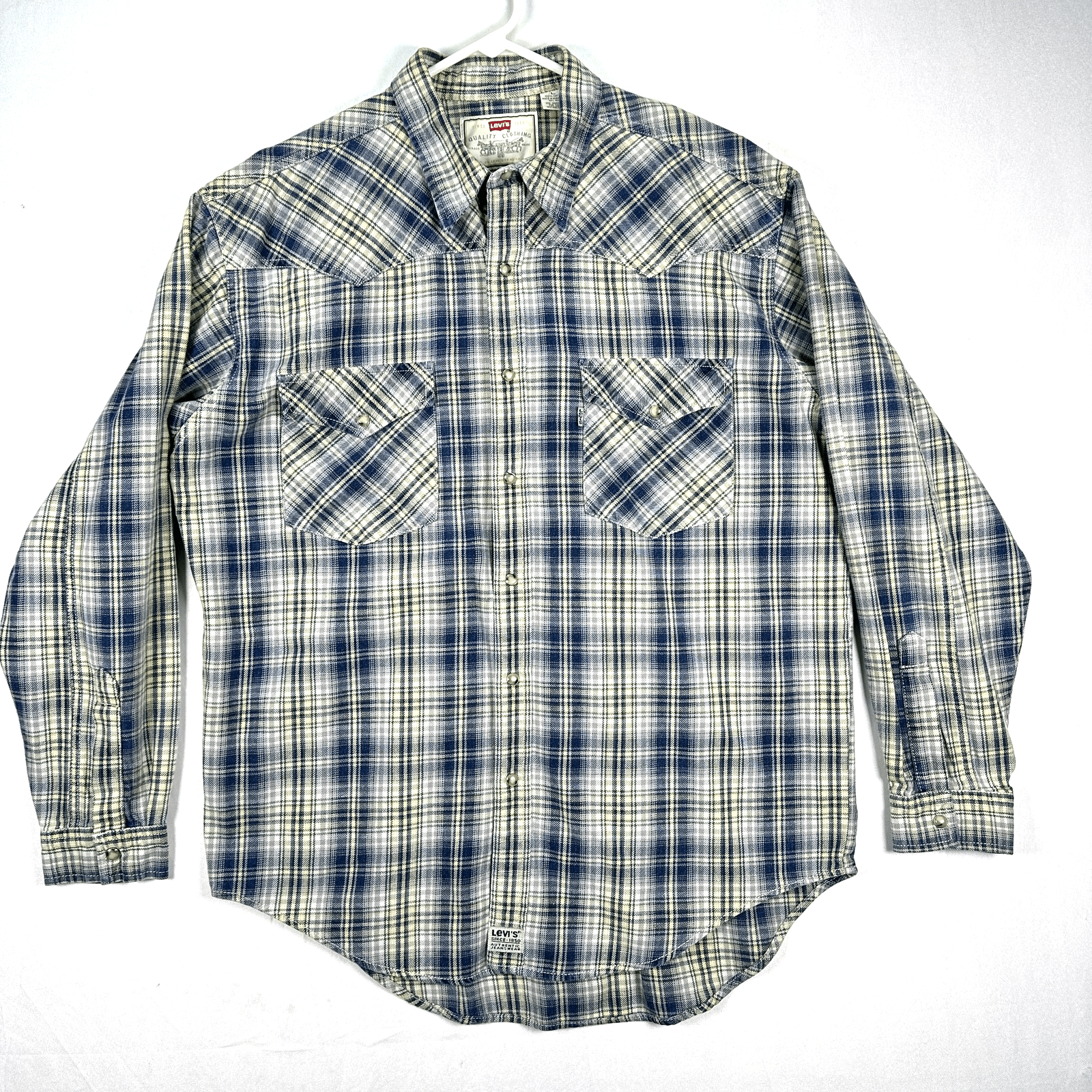 VINTAGE Levis Western Shirt Mens Large Plaid Pearl Snap Style Hong Kong 90s - Image 1