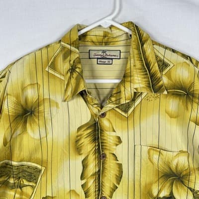 Tommy Bahama Silk Hawaiian Shirt Mens XL Gold Floral Tropical Camp Vintage Fit - Thumbnail 2