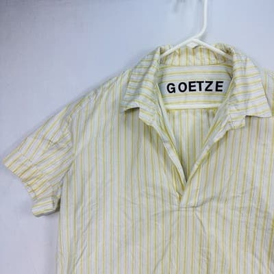 Sissi Goetze Mens Yellow White Striped Short Sleeve Popover Shirt 48 Made Poland - Thumbnail 5