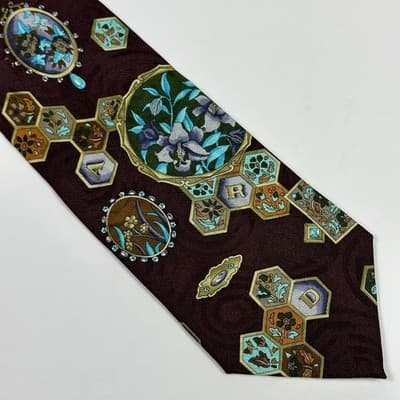 Leonard Paris Silk Tie Mens Burgundy Floral Geometric Medallion Dessin 70889 - Thumbnail 2