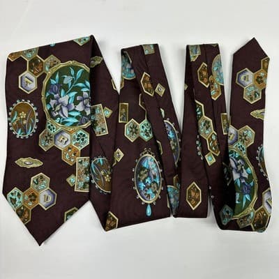 Leonard Paris Silk Tie Mens Burgundy Floral Geometric Medallion Dessin 70889 - Thumbnail 4
