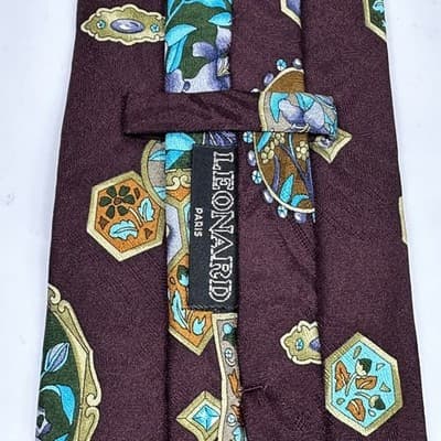 Leonard Paris Silk Tie Mens Burgundy Floral Geometric Medallion Dessin 70889 - Thumbnail 7