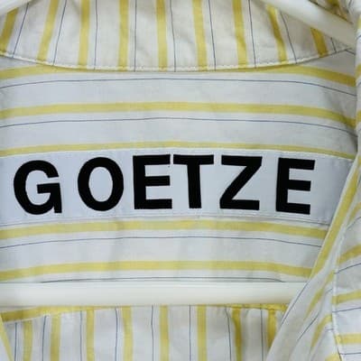 Sissi Goetze Mens Yellow White Striped Short Sleeve Popover Shirt 48 Made Poland - Thumbnail 7