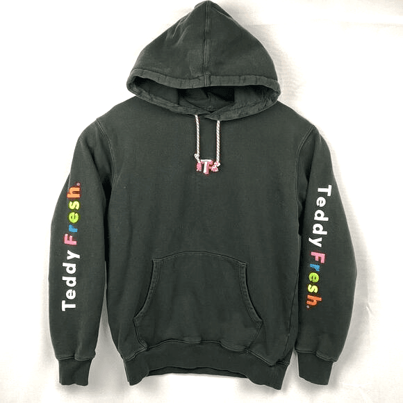 Teddy Fresh Mens Hoodie Black Multi Color Sleeve Logo Pullover Sweatshirt Medium - Image 1