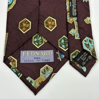 Leonard Paris Silk Tie Mens Burgundy Floral Geometric Medallion Dessin 70889 - Thumbnail 6