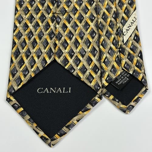 Canali Mens Silk Tie Geometric Black Gold Diamonds Necktie Italy 3.25” x 57” - Thumbnail 5