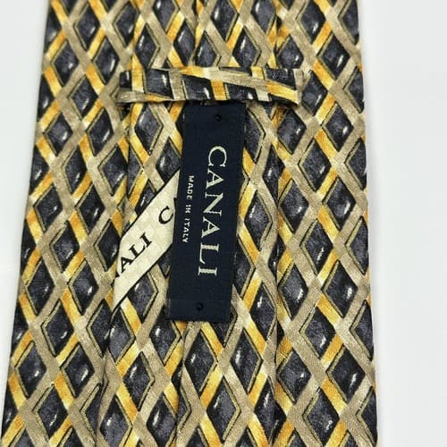 Canali Mens Silk Tie Geometric Black Gold Diamonds Necktie Italy 3.25” x 57” - Thumbnail 6