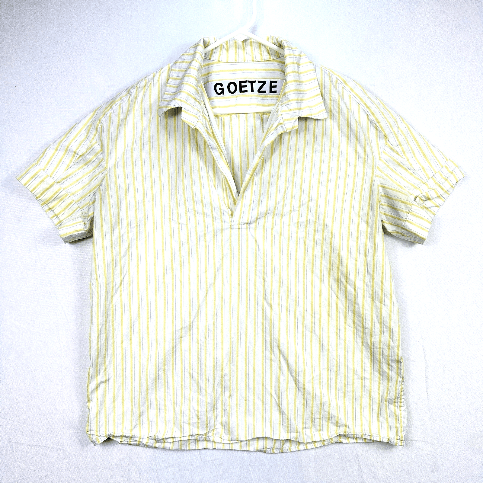 Sissi Goetze Mens Yellow White Striped Short Sleeve Popover Shirt 48 Made Poland - Image 1