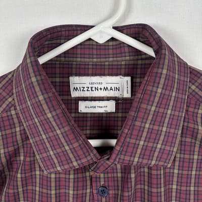 Mizzen+Main Leeward Dress Shirt Mens XL Trim Fit Red Plaid Long Sleeve Stretch - Thumbnail 4