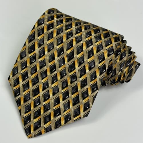 Canali Mens Silk Tie Geometric Black Gold Diamonds Necktie Italy 3.25” x 57” - Thumbnail 2