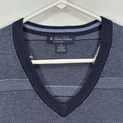 Brooks Brothers Silk Cashmere Sweater Mens XL Navy Blue Striped V Neck Pullover - Thumbnail 4