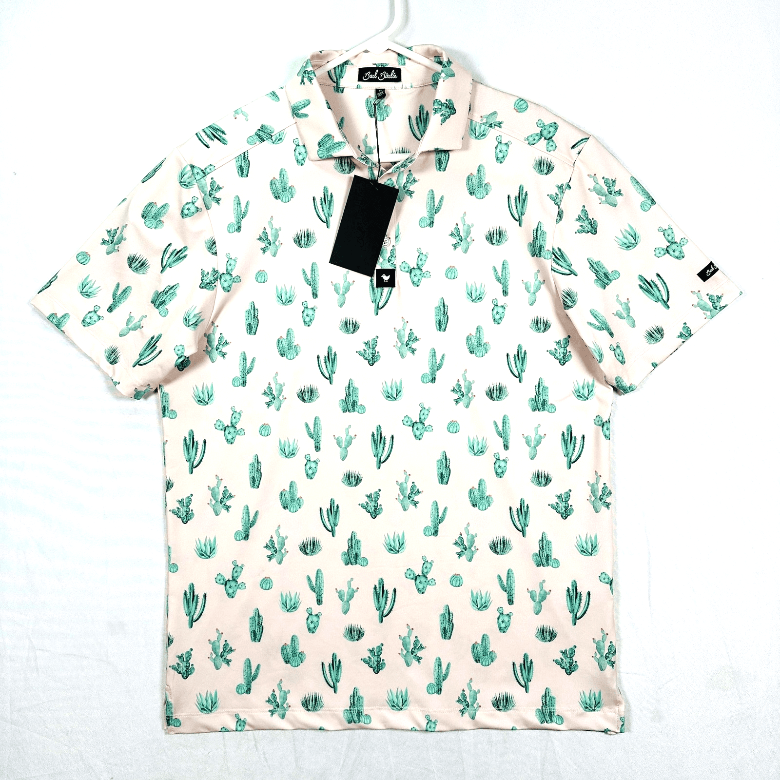 Bad Birdie Golf Polo Shirt Mens Medium Pink Green Cactus Thorn In Your Side NEW - Image 1