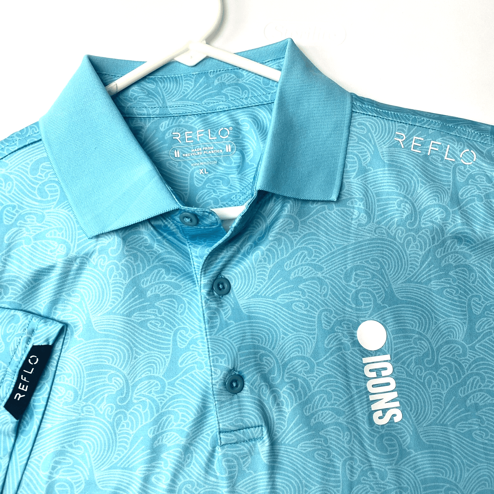 Reflo Golf Polo Shirt Icons Series Mens XL Blue Wave Geometric Short Sleeve EUC - Image 1