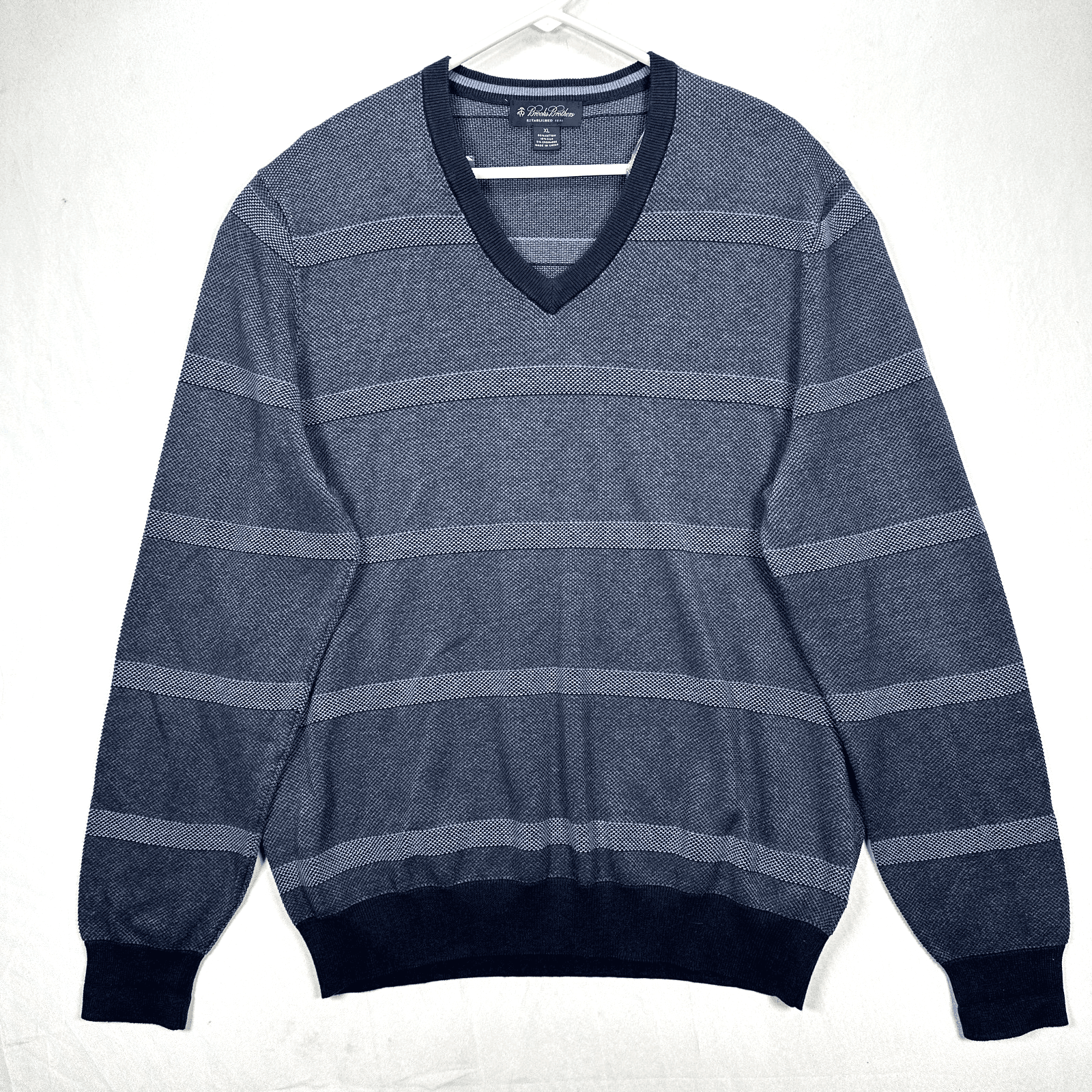 Brooks Brothers Silk Cashmere Sweater Mens XL Navy Blue Striped V Neck Pullover - Image 1