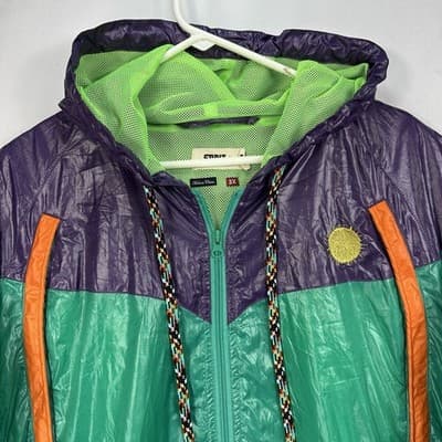 Sabit Tanoshinde Mens 3X Hooded Windbreaker Jacket Green Purple Streetwear Zip - Thumbnail 6