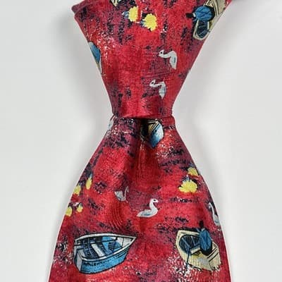 Brioni Mens 100% Silk Tie Red Boat Lake Swan Duck Novelty Nautical Necktie Italy - Thumbnail 2