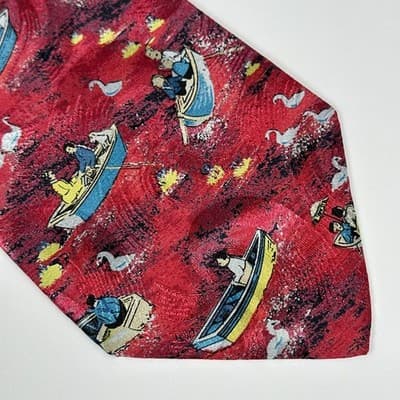 Brioni Mens 100% Silk Tie Red Boat Lake Swan Duck Novelty Nautical Necktie Italy - Thumbnail 4