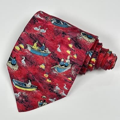 Brioni Mens 100% Silk Tie Red Boat Lake Swan Duck Novelty Nautical Necktie Italy - Thumbnail 3