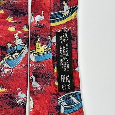 Brioni Mens 100% Silk Tie Red Boat Lake Swan Duck Novelty Nautical Necktie Italy - Thumbnail 6