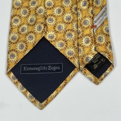 Ermenegildo Zegna 100% Silk Tie Mens Gold Geometric Medallion Floral Made Italy - Thumbnail 5