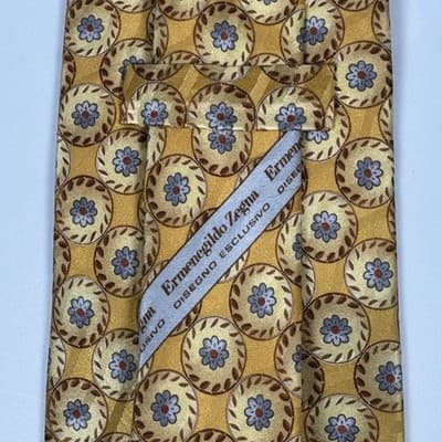 Ermenegildo Zegna 100% Silk Tie Mens Gold Geometric Medallion Floral Made Italy - Thumbnail 4
