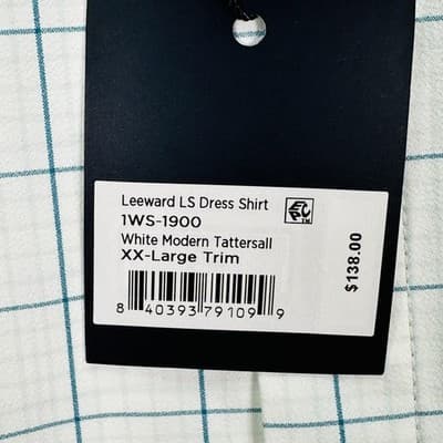 Mizzen Main Leeward Dress Shirt Mens 2XL White Tattersall Trim Long Sleeve NEW - Thumbnail 5