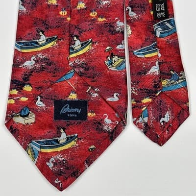 Brioni Mens 100% Silk Tie Red Boat Lake Swan Duck Novelty Nautical Necktie Italy - Thumbnail 5
