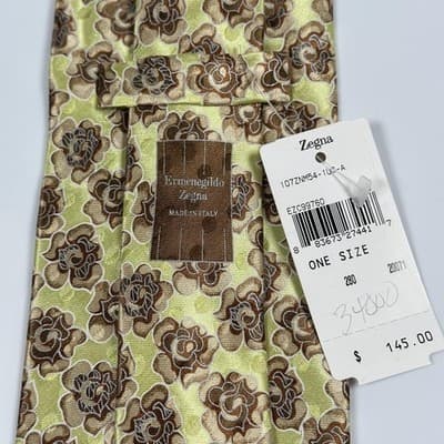 Ermenegildo Zegna Mens Silk Tie Lime Green Brown Floral Rose Made in Italy NWT - Image 1