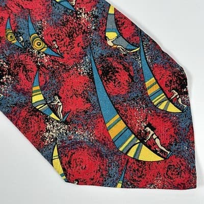 Brioni Silk Tie Mens Red Nautical Windsurfing Geometric Designer Vintage Italy - Thumbnail 4