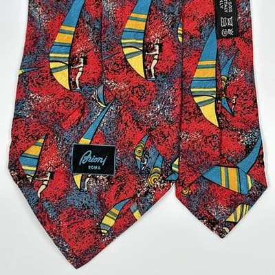 Brioni Silk Tie Mens Red Nautical Windsurfing Geometric Designer Vintage Italy - Thumbnail 5