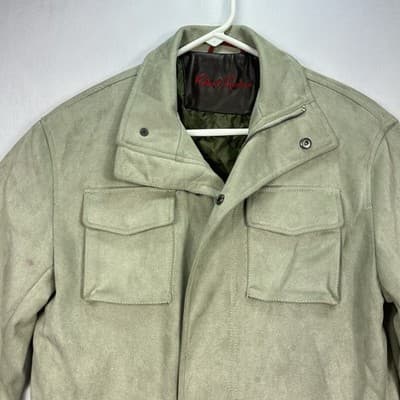 Robert Graham Mens Small Sage Green Faux Suede Field Jacket Quilted Lining Zip - Thumbnail 5