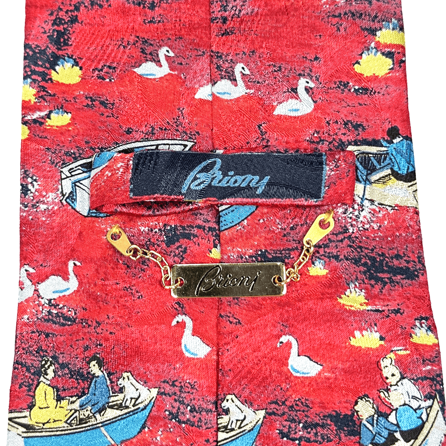 Brioni Mens 100% Silk Tie Red Boat Lake Swan Duck Novelty Nautical Necktie Italy - Image 1