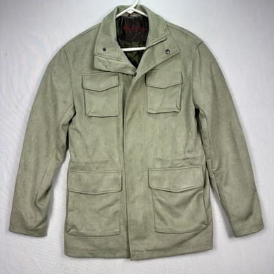 Robert Graham Mens Small Sage Green Faux Suede Field Jacket Quilted Lining Zip - Image 1