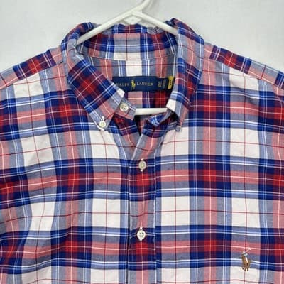 Ralph Lauren Oxford Shirt Mens XLT Tall Red Blue Plaid Short Sleeve Button Down - Thumbnail 3