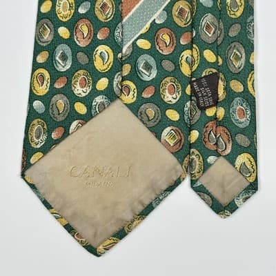 Canali Silk Tie Mens Green Geometric Medallions Striped Necktie Vintage Italy - Thumbnail 5