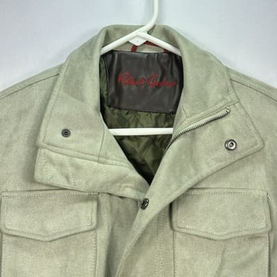 Robert Graham Mens Small Sage Green Faux Suede Field Jacket Quilted Lining Zip - Thumbnail 6