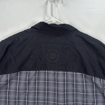 Harley Davidson Shirt Men 3XL Black Gray Plaid Button Up Long Sleeve Embroidered - Thumbnail 7