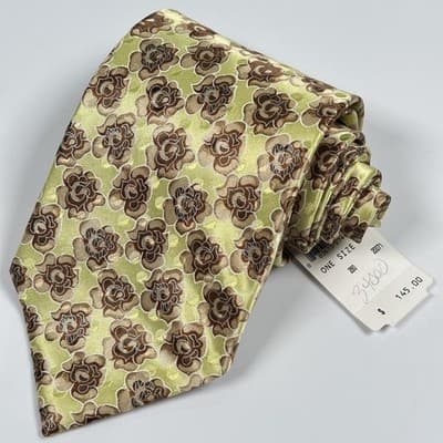 Ermenegildo Zegna Mens Silk Tie Lime Green Brown Floral Rose Made in Italy NWT - Thumbnail 2