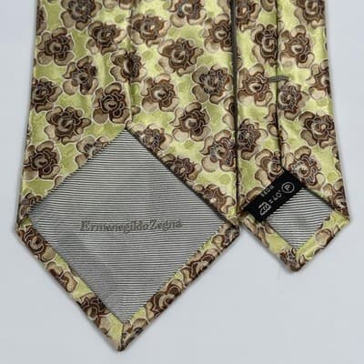 Ermenegildo Zegna Mens Silk Tie Lime Green Brown Floral Rose Made in Italy NWT - Thumbnail 5