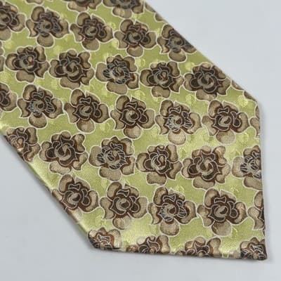 Ermenegildo Zegna Mens Silk Tie Lime Green Brown Floral Rose Made in Italy NWT - Thumbnail 4