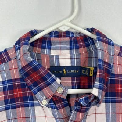 Ralph Lauren Oxford Shirt Mens XLT Tall Red Blue Plaid Short Sleeve Button Down - Thumbnail 5