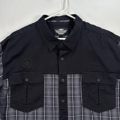 Harley Davidson Shirt Men 3XL Black Gray Plaid Button Up Long Sleeve Embroidered - Thumbnail 3
