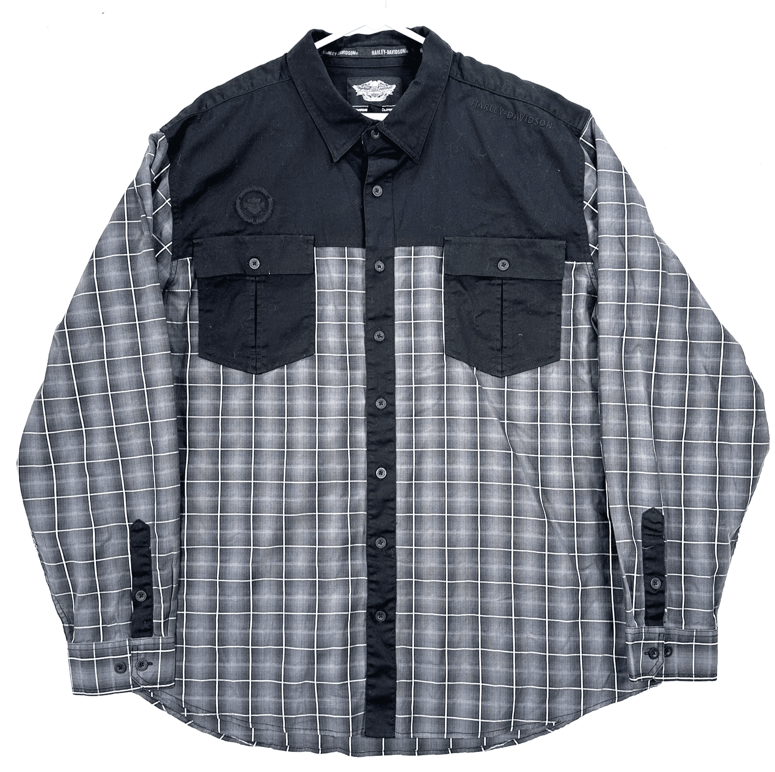 Harley Davidson Shirt Men 3XL Black Gray Plaid Button Up Long Sleeve Embroidered - Image 1