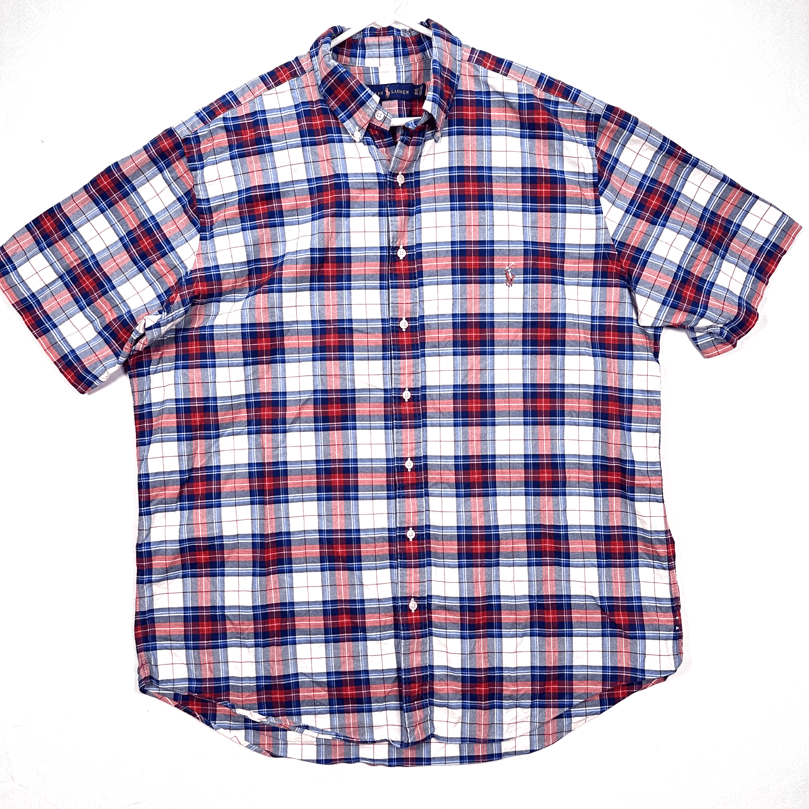 Ralph Lauren Oxford Shirt Mens XLT Tall Red Blue Plaid Short Sleeve Button Down - Image 1