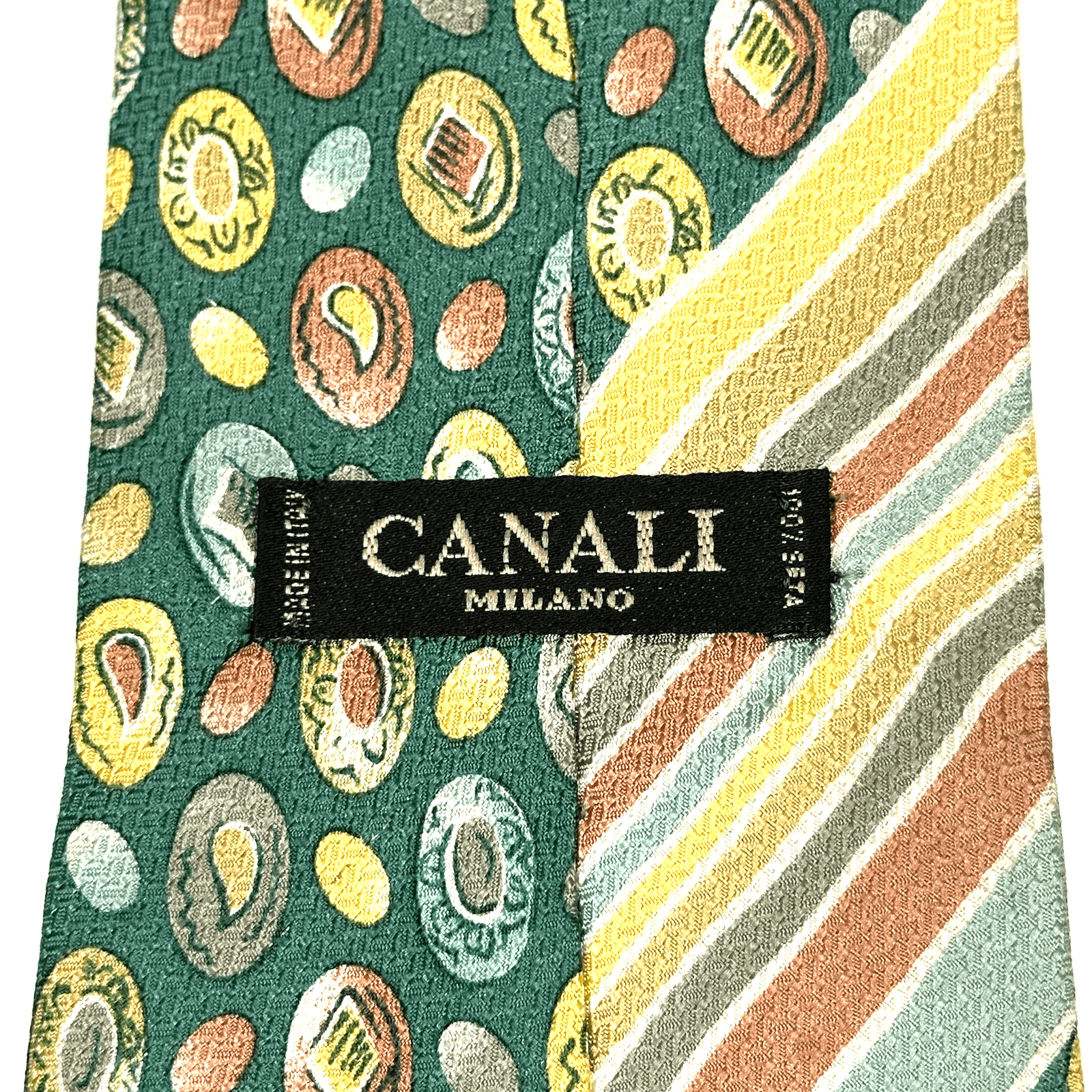Canali Silk Tie Mens Green Geometric Medallions Striped Necktie Vintage Italy - Image 1