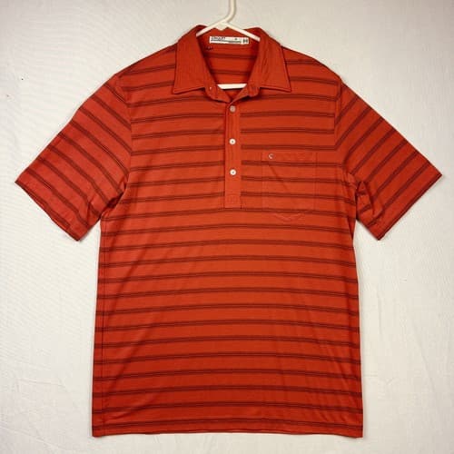 Criquet Mens Medium Golf Polo Shirt Pima Cotton Red Striped Short Sleeve Pocket - Thumbnail 2