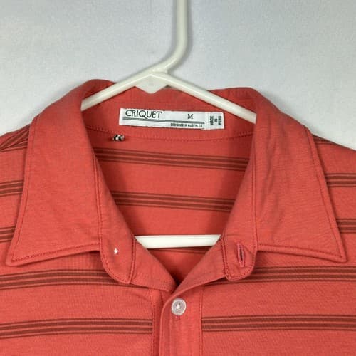 Criquet Mens Medium Golf Polo Shirt Pima Cotton Red Striped Short Sleeve Pocket - Thumbnail 7