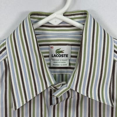 Lacoste Long Sleeve Shirt Mens 40 Medium Multicolor Striped Button Up Cotton - Thumbnail 5